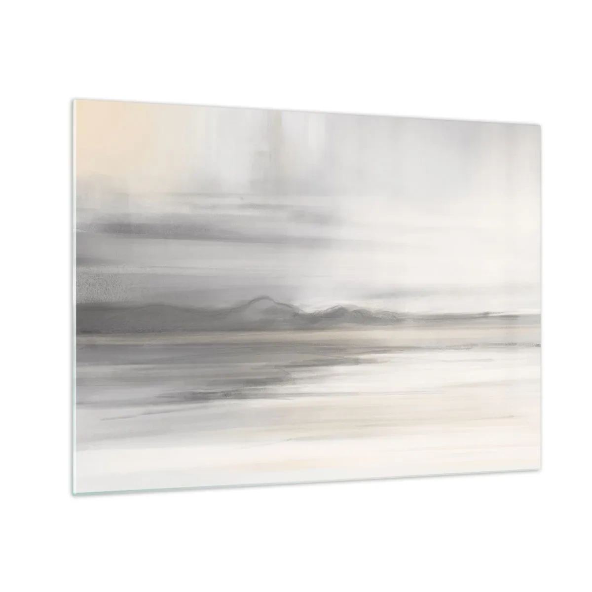 Tablou pe sticlă - O panoramă montană delicată, neclară, în tonuri pastelate de gri - 70x50cm - Gândul îndepărtat - Decorațiune modernă pentru perete pentru living și dormitor ARTTOR