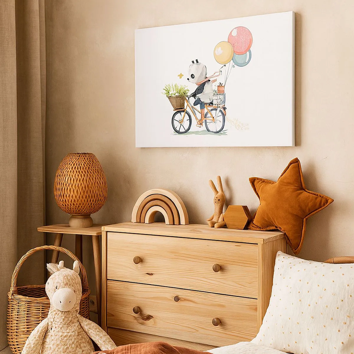 Tablou pe pânză Canvas - Panda pe o bicicletă cu baloane și flori - 70x50cm - O zi fericită - Decorațiune modernă pentru perete pentru living și dormitor ARTTOR