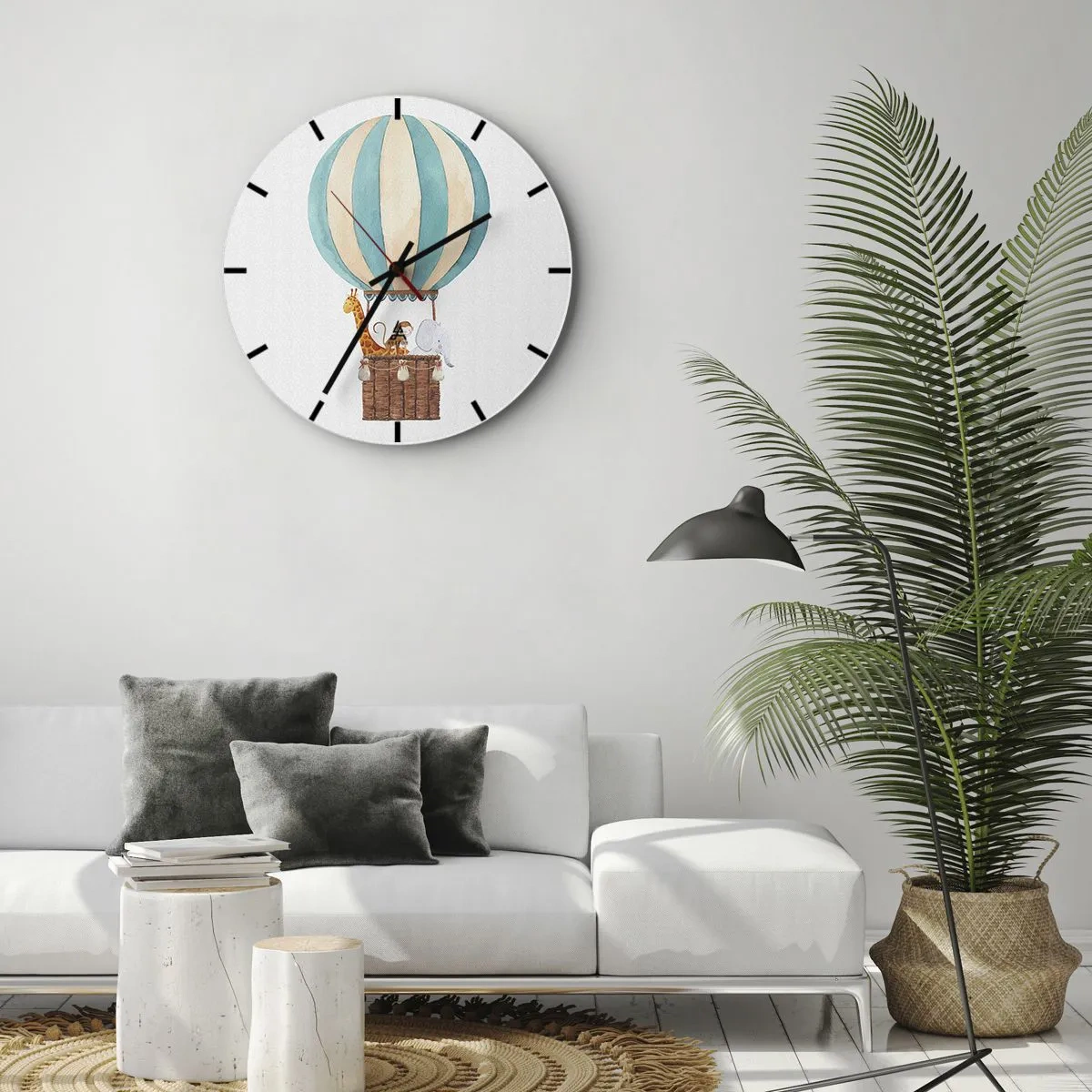 Ceas de perete - Ceas pe sticlă - Un balon cu o girafă și un elefant plutind în nori - 30x30cm - O călătorie fantastică - Decorațiune modernă pentru perete pentru living, bucătărie și dormitor ARTTOR