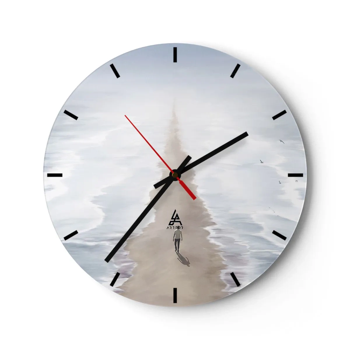 Ceas de perete - Ceas pe sticlă - O siluetă mergând singură prin apă pe o cărare nisipoasă spre orizont. - 30x30cm - Un viitor luminos - Decorațiune modernă pentru perete pentru living, bucătărie și dormitor ARTTOR