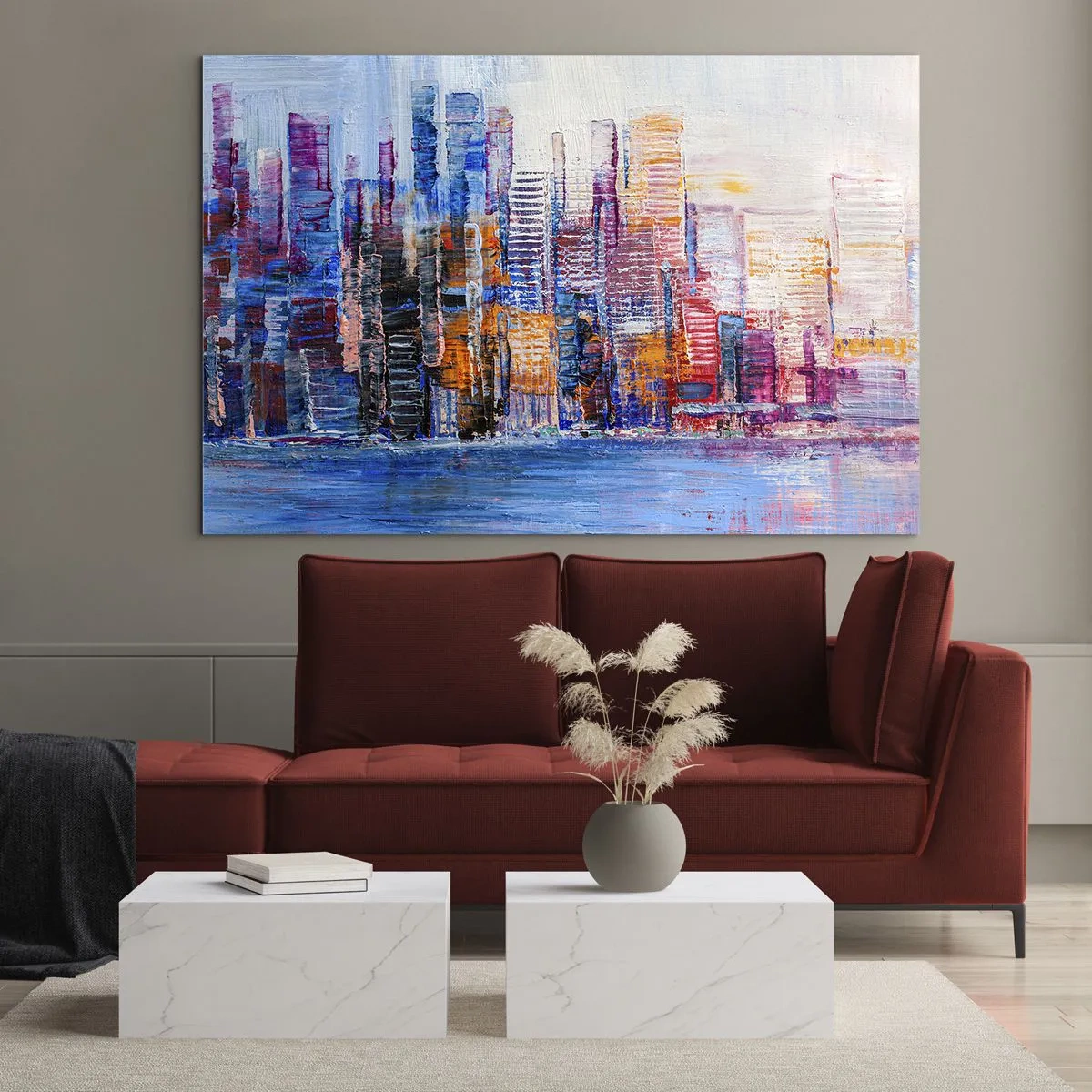 Tablou pe sticlă - O panoramă colorată a orașului pictată cu tușe de pensulă - 70x50cm - O metropolă veselă - Decorațiune modernă pentru perete pentru living și dormitor ARTTOR