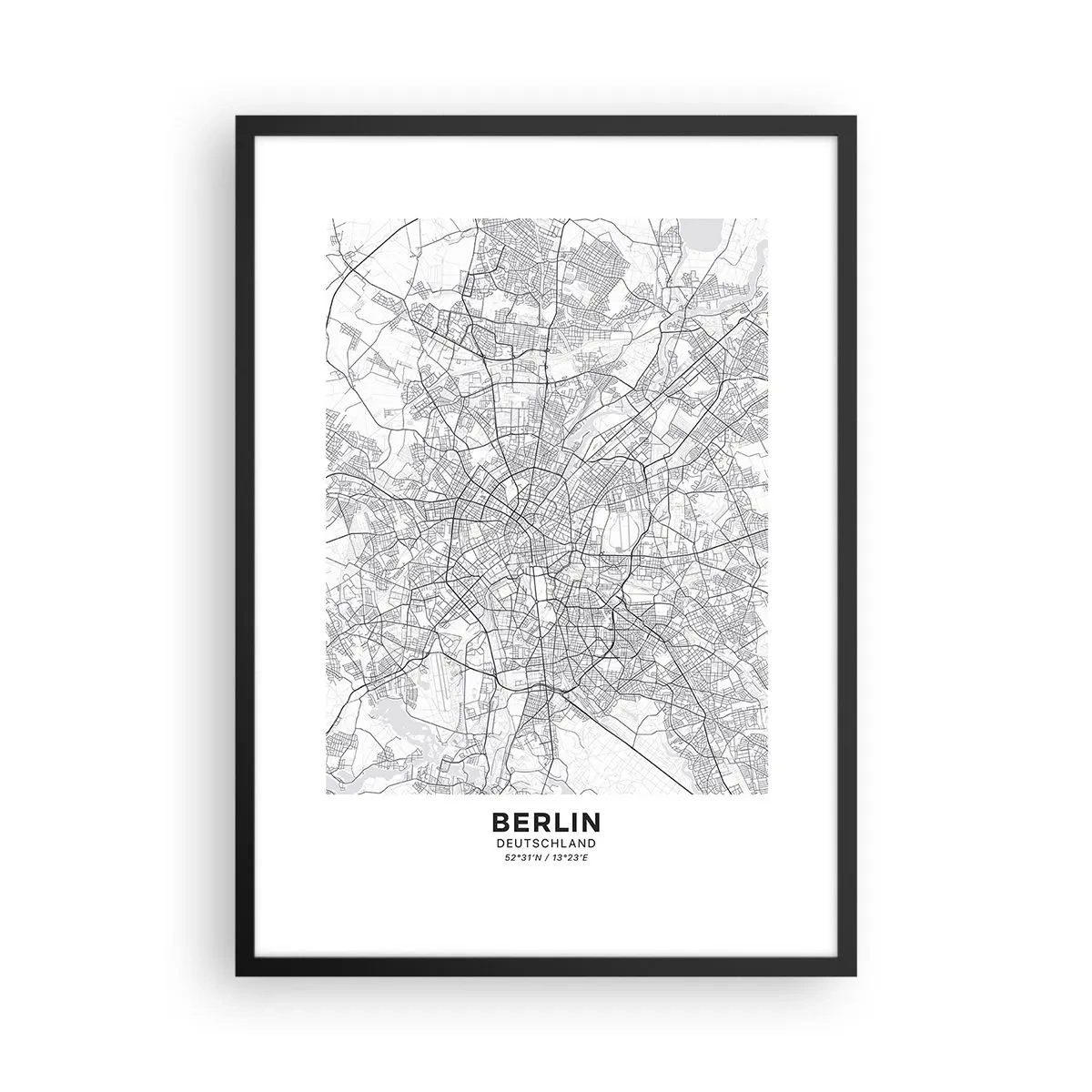 Poster în ramă neagră - O hartă alb-negru a Berlinului cu străzi cartografiate precis. - 50x70cm - Floare de Berlin - Decorațiune modernă pentru perete pentru living și dormitor ARTTOR
