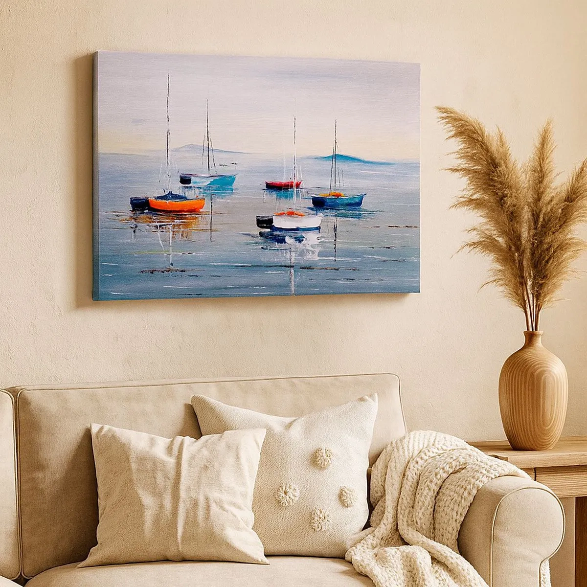 Tablou pe pânză Canvas - Bărci colorate pe ape calme - 70x50cm - O odihnă binemeritată - Decorațiune modernă pentru perete pentru living și dormitor ARTTOR