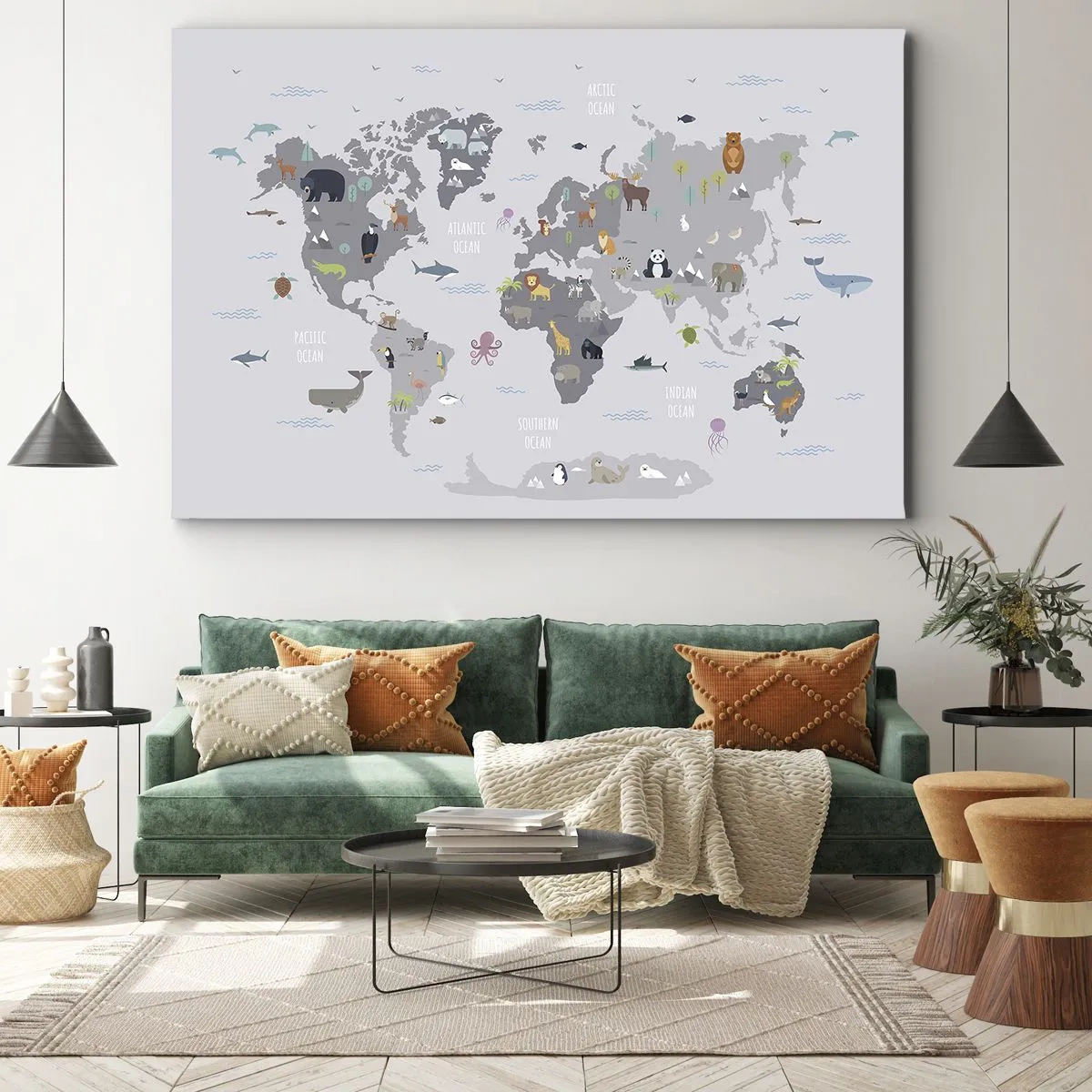 Tablou pe pânză Canvas - O hartă a lumii cu ilustrații cu animale pe fundal gri - 70x50cm - Spune-mi de unde ești... - Decorațiune modernă pentru perete pentru living și dormitor ARTTOR