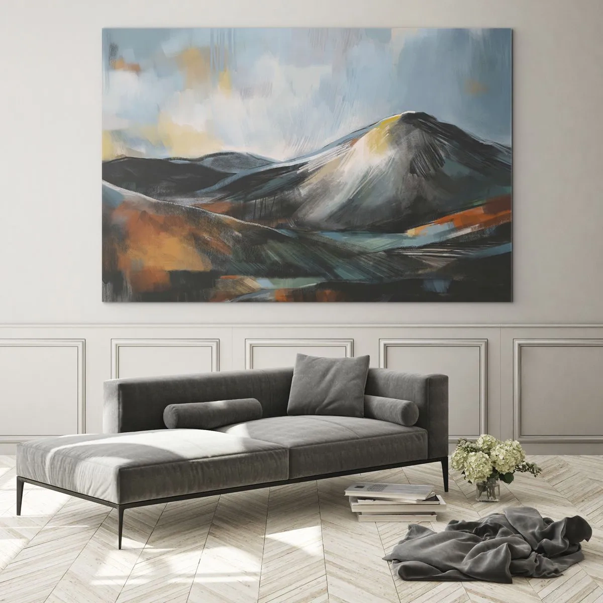 Tablou pe sticlă - Un peisaj montan pictural în culori calde și reci - 70x50cm - Dure și frumoase - Decorațiune modernă pentru perete pentru living și dormitor ARTTOR