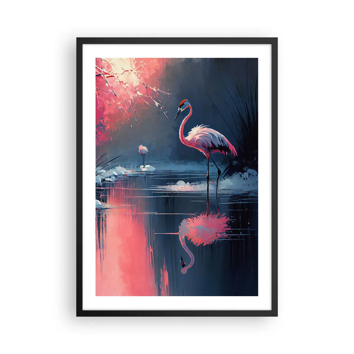 Poster în ramă neagră - Flamingo pe un lac liniștit - 50x70cm - Reculegere pentru păsări - Decorațiune modernă pentru perete pentru living și dormitor ARTTOR