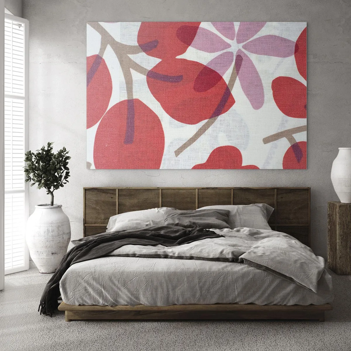 Tablou pe sticlă - Frunze și flori roz și roșii pe un fundal deschis - 70x50cm - Aranjament floral în roz - Decorațiune modernă pentru perete pentru living și dormitor ARTTOR