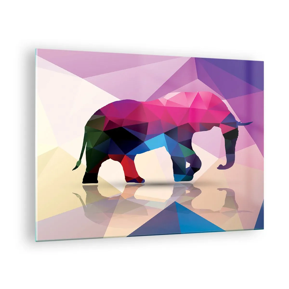 Tablou pe sticlă - Elefant geometric în abstracție vibrantă și colorată - 70x50cm - Dinozaur de cristal - Decorațiune modernă pentru perete pentru living și dormitor ARTTOR