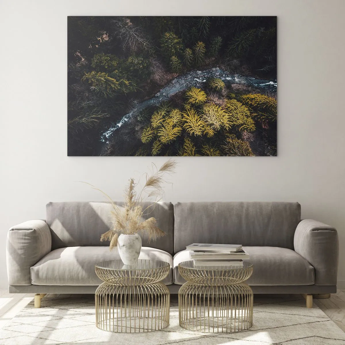 Tablou pe sticlă - O vedere de sus a unui peisaj forestier cu un pârâu șerpuitor - 70x50cm - Rapid și mai rapid - Decorațiune modernă pentru perete pentru living și dormitor ARTTOR