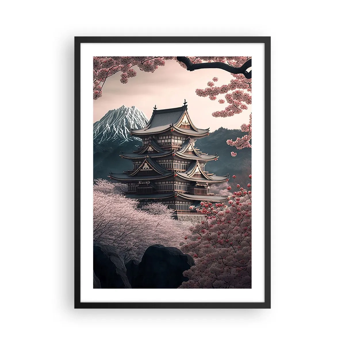 Poster în ramă neagră - Pagodă japoneză printre flori de cireș - 50x70cm - Țara florilor de cireș - Decorațiune modernă pentru perete pentru living și dormitor ARTTOR