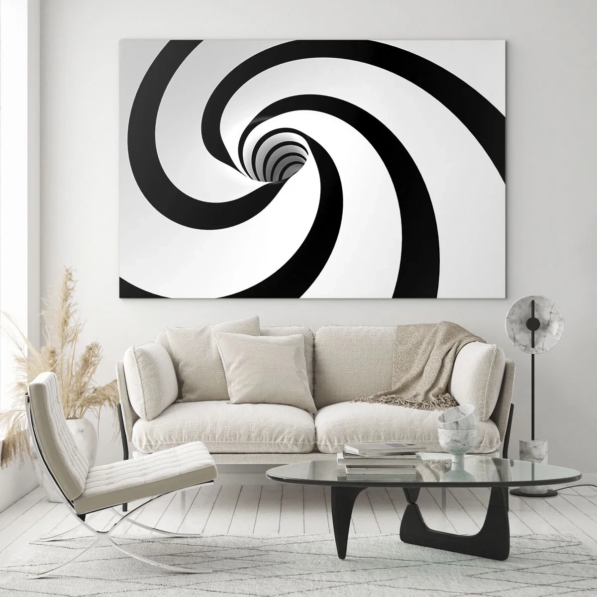 Tablou pe sticlă - Model spiralat hipnotic în alb și negru - 70x50cm - Să te predai vortexului? - Decorațiune modernă pentru perete pentru living și dormitor ARTTOR