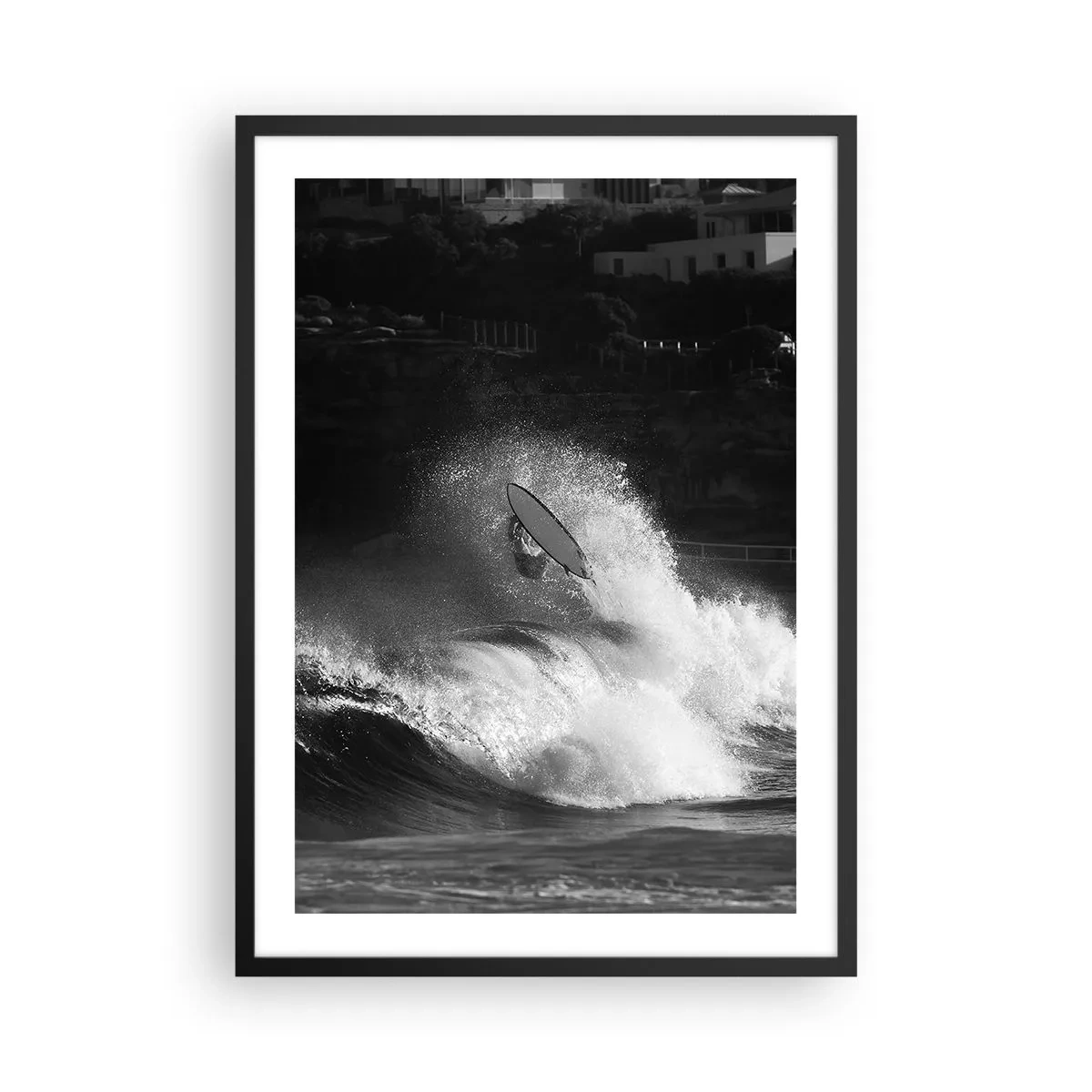 Poster în ramă neagră - Surfer alb-negru în acțiune pe valuri agitate - 50x70cm - Provocare acceptată! - Decorațiune modernă pentru perete pentru living și dormitor ARTTOR