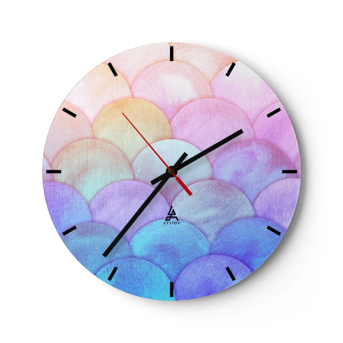 Ceas de perete - Ceas pe sticlă - Solzi pastelați semicirculari în nuanțe de roz, violet și albastru - 30x30cm - Coajă de perlă - Decorațiune modernă pentru perete pentru living, bucătărie și dormitor ARTTOR