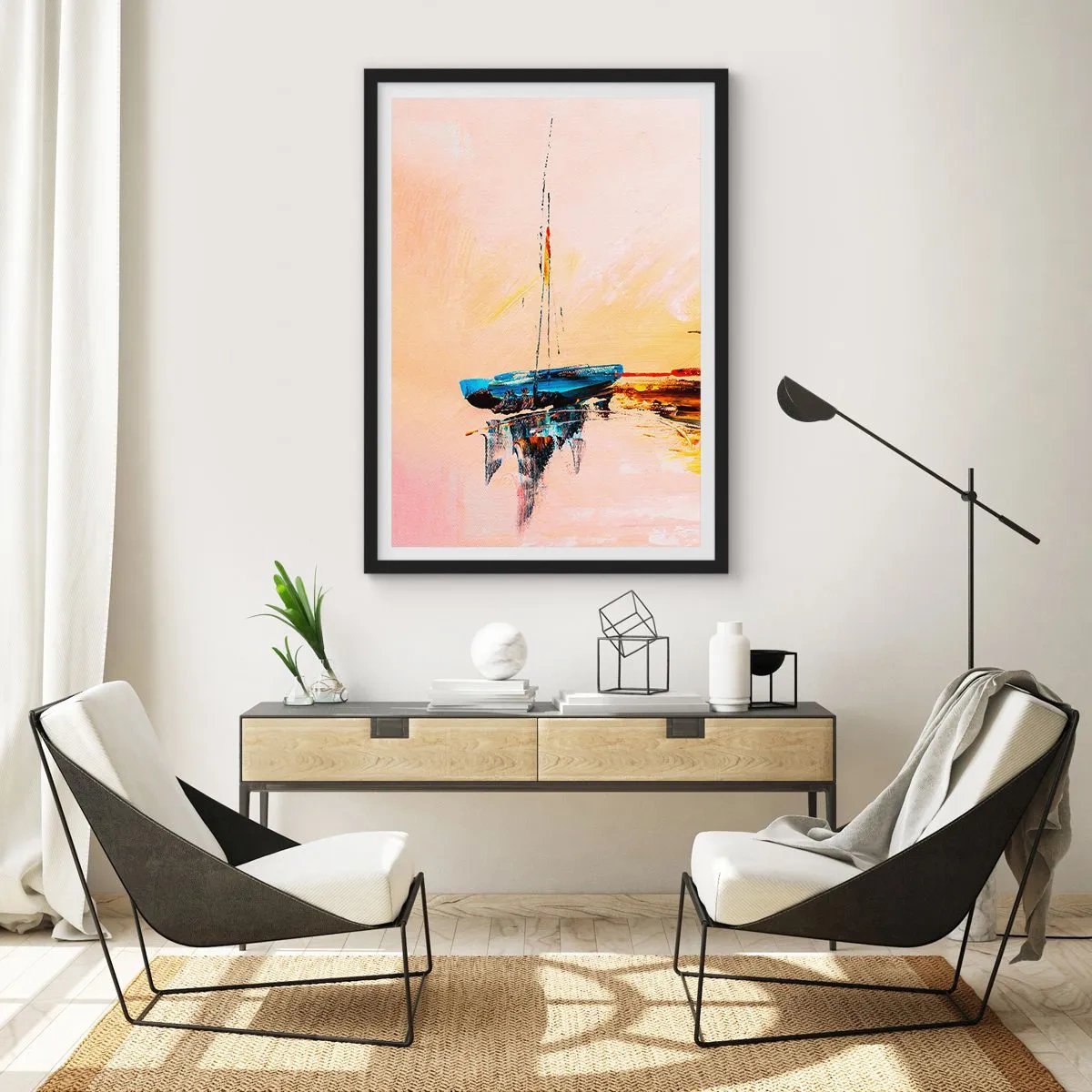 Poster în ramă neagră - Barcă abstractă pe apă calmă la apus - 50x70cm - O seară în golf - Decorațiune modernă pentru perete pentru living și dormitor ARTTOR