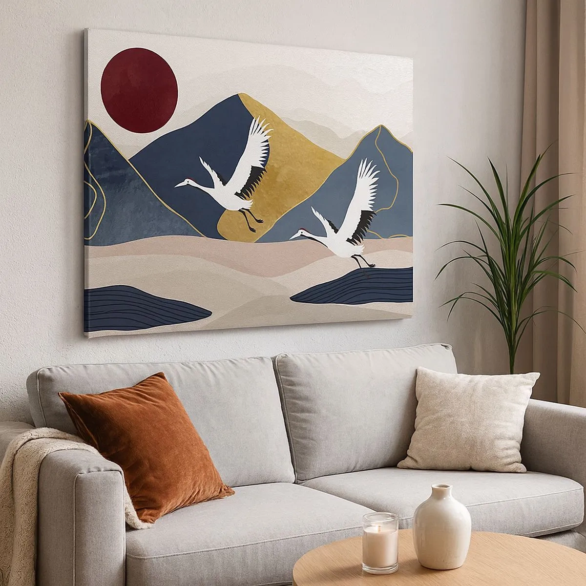 Tablou pe pânză Canvas - Macarale în zbor pe fundalul munților și al unui soare roșu - 70x50cm - Și ziua a zburat din nou - Decorațiune modernă pentru perete pentru living și dormitor ARTTOR