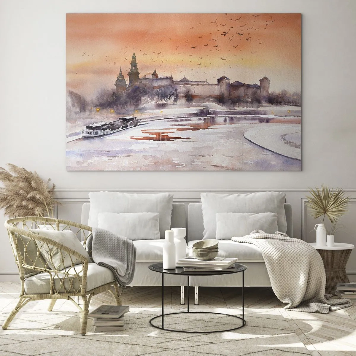 Tablou pe sticlă - Apus de soare peste castelul regal și râu iarna - 70x50cm - Apus de soare regal - Decorațiune modernă pentru perete pentru living și dormitor ARTTOR