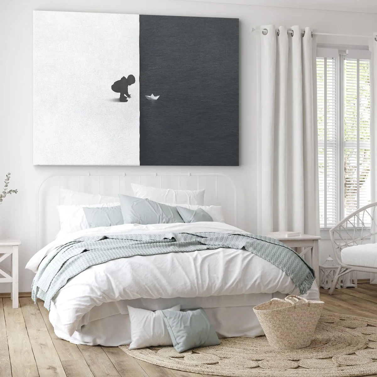 Tablou pe pânză Canvas - Figurină de copil cu o barcă de hârtie pe un fundal de jumătăți contrastante - 70x50cm - Marea expediție - Decorațiune modernă pentru perete pentru living și dormitor ARTTOR