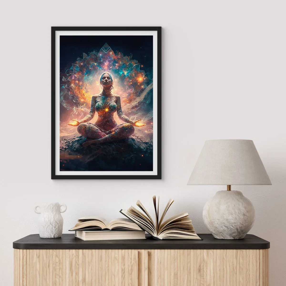 Poster în ramă neagră - Meditație mistică înconjurată de energie cosmică - 50x70cm - Flux de energie bună - Decorațiune modernă pentru perete pentru living și dormitor ARTTOR