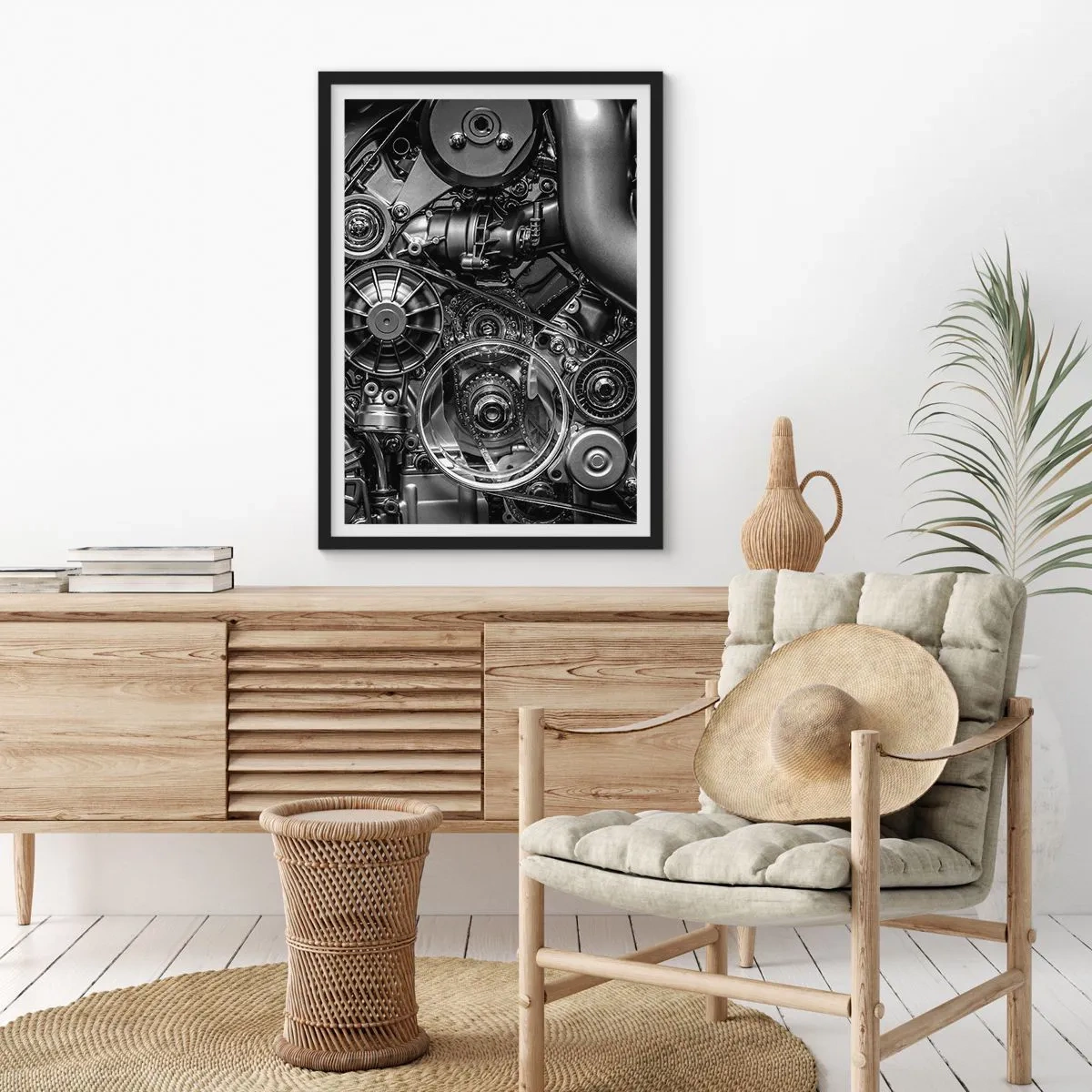 Poster în ramă neagră - Prim-plan detaliat al componentelor mecanice ale motorului, în alb și negru - 50x70cm - Poezia mecanicii - Decorațiune modernă pentru perete pentru living și dormitor ARTTOR