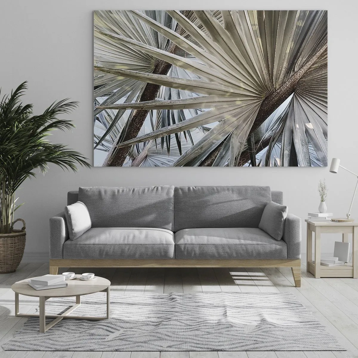 Tablou pe sticlă - Frunze de palmier în lumina zilei - 70x50cm - Evantaie din tropice - Decorațiune modernă pentru perete pentru living și dormitor ARTTOR