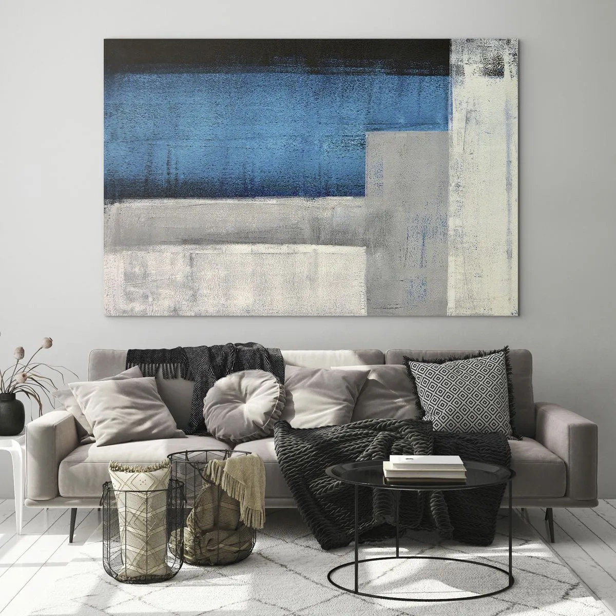 Tablou pe sticlă - Abstracție geometrică în albastru, gri și alb - 70x50cm - Compoziție poetică de gri și albastru - Decorațiune modernă pentru perete pentru living și dormitor ARTTOR
