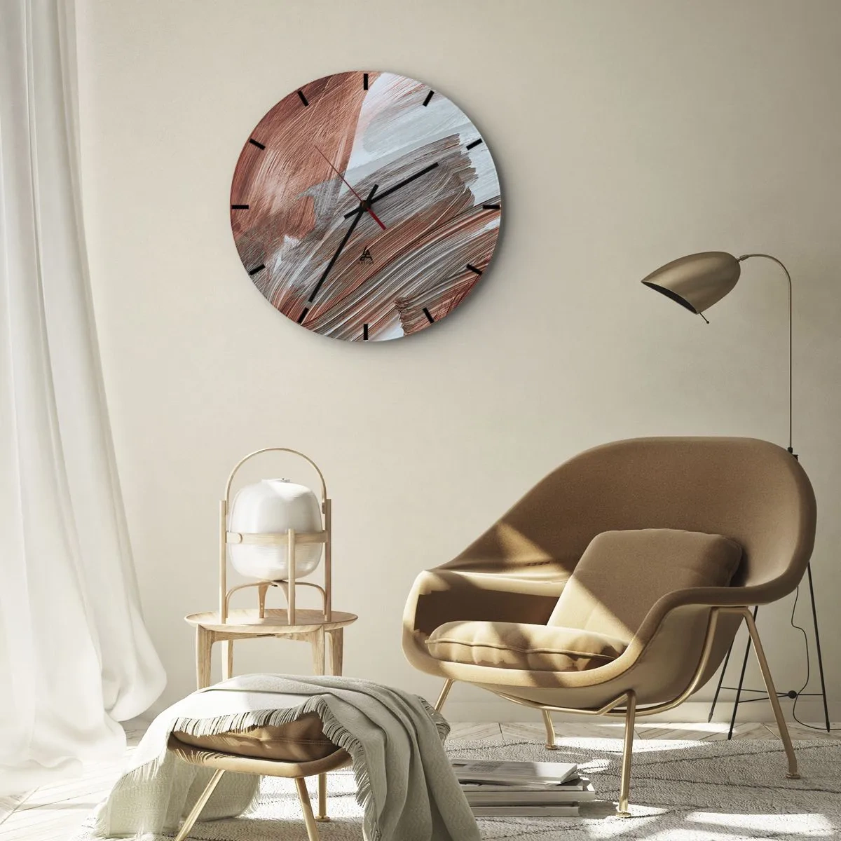Ceas de perete - Ceas pe sticlă - Pensule de toamnă în tonuri roșiatic-gri - 30x30cm - Abstracție autumnală și vântoasă - Decorațiune modernă pentru perete pentru living, bucătărie și dormitor ARTTOR