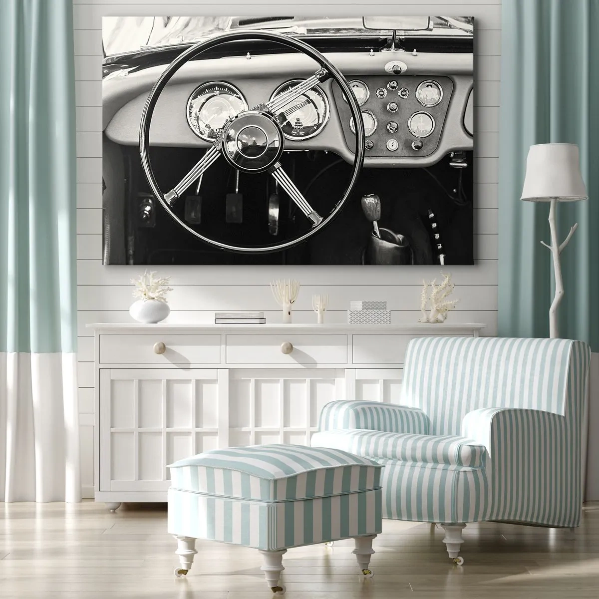 Tablou pe pânză Canvas - Interiorul mașinii clasice alb-negru - 70x50cm - Visul unui colecționar - Decorațiune modernă pentru perete pentru living și dormitor ARTTOR