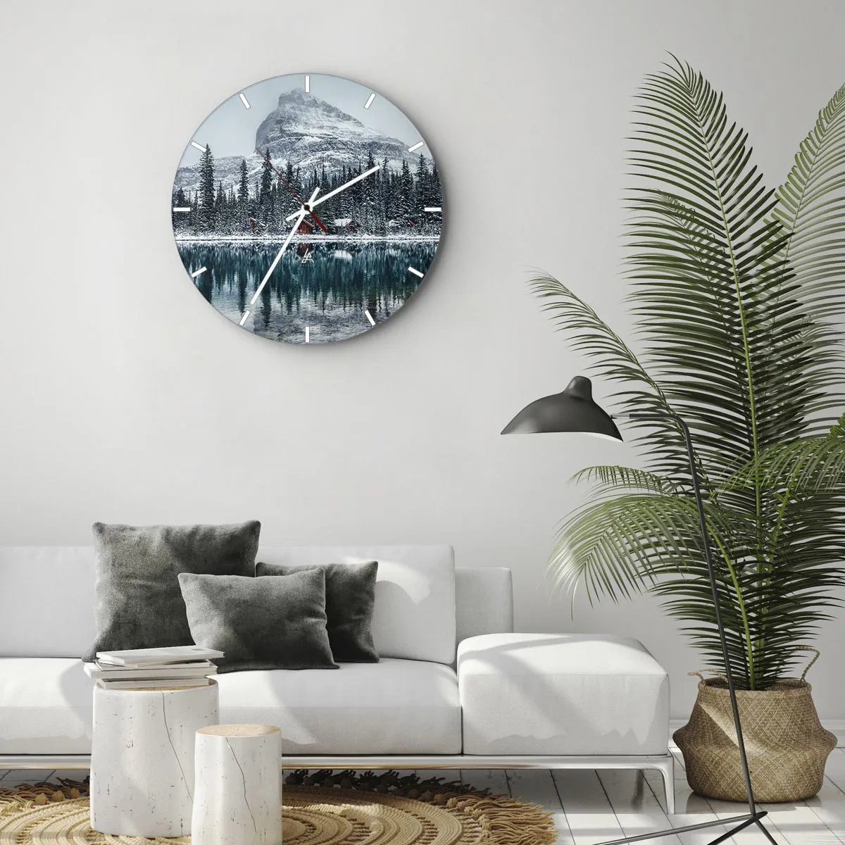 Ceas de perete - Ceas pe sticlă - Peisaj de iarnă cu un lac, o pădure și un munte în fundal - 30x30cm - Refugiu canadian - Decorațiune modernă pentru perete pentru living, bucătărie și dormitor ARTTOR