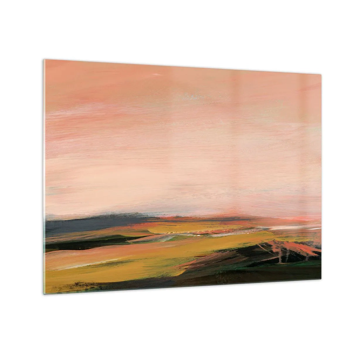 Tablou pe sticlă - Un peisaj abstract în nuanțe de roz și verde închis. - 70x50cm - Tonalitatea de roz - Decorațiune modernă pentru perete pentru living și dormitor ARTTOR