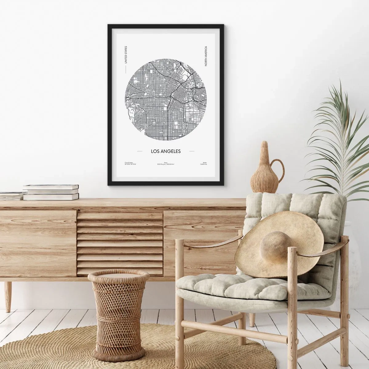 Poster în ramă neagră - O hartă minimalistă a orașului Los Angeles, în alb și negru. - 50x70cm - Anatomia Los Angeles - Decorațiune modernă pentru perete pentru living și dormitor ARTTOR