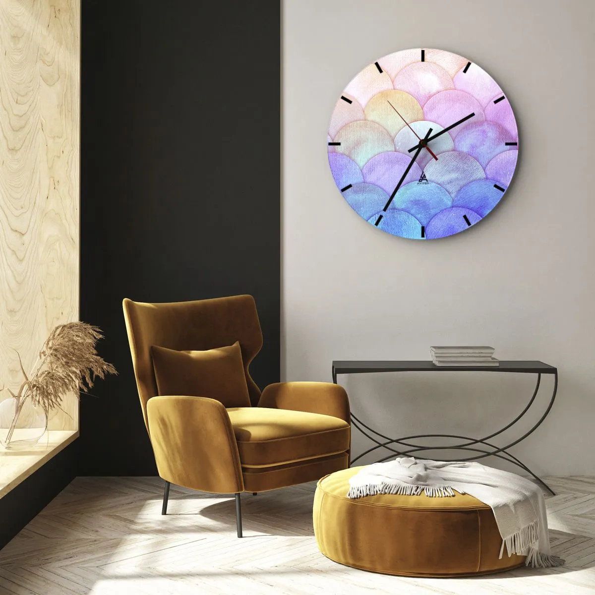 Ceas de perete - Ceas pe sticlă - Solzi pastelați semicirculari în nuanțe de roz, violet și albastru - 30x30cm - Coajă de perlă - Decorațiune modernă pentru perete pentru living, bucătărie și dormitor ARTTOR