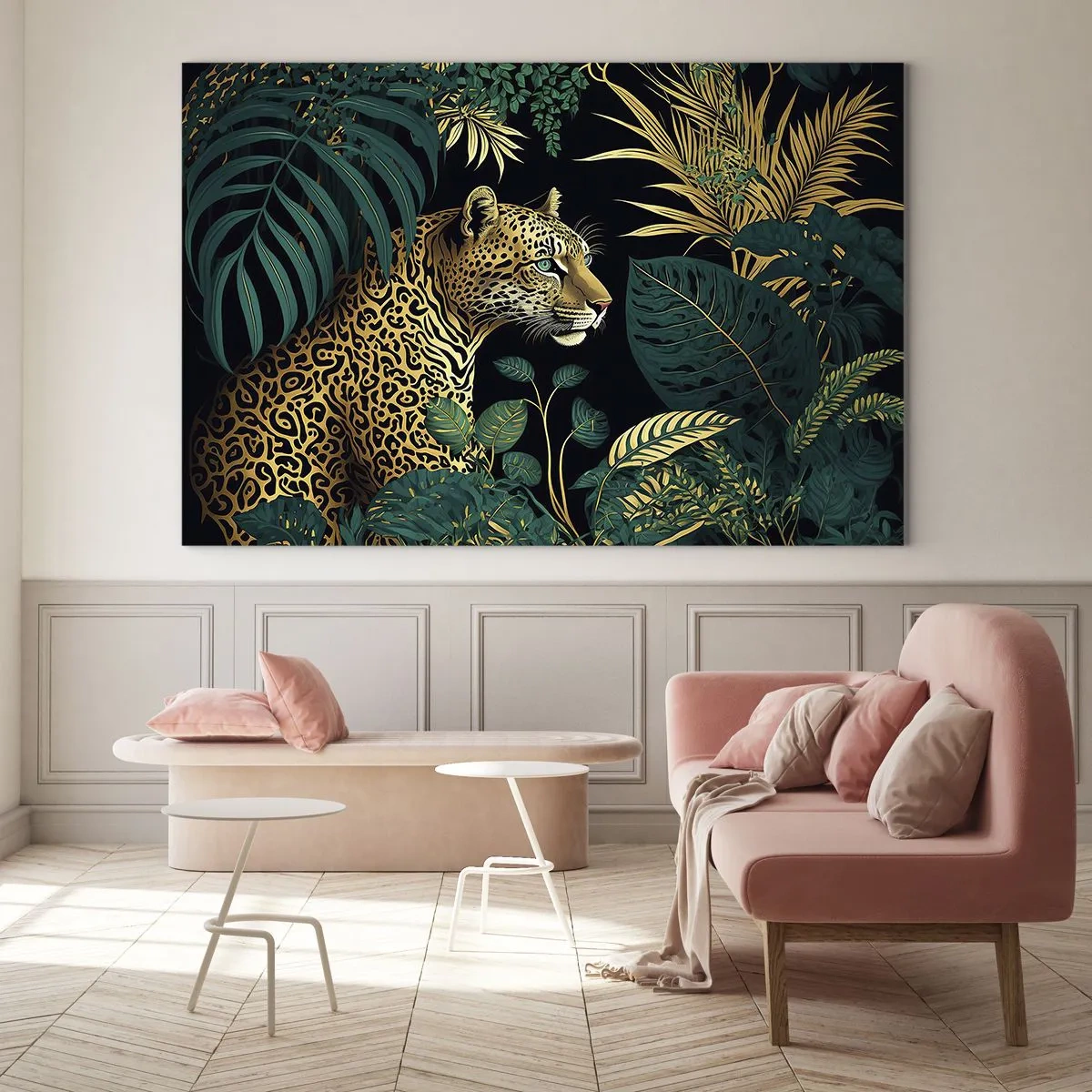 Tablou pe sticlă - Un leopard printre frunze tropicale pe un fundal întunecat - 70x50cm - Domnitorul junglei - Decorațiune modernă pentru perete pentru living și dormitor ARTTOR