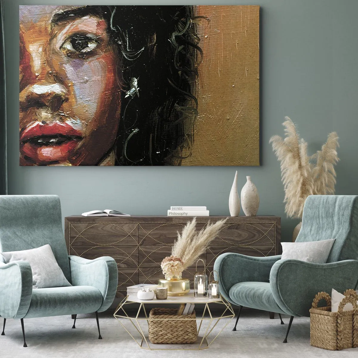 Tablou pe pânză Canvas - Un portret expresiv al unei femei în culori intense. - 70x50cm - Negru și strălucire - Decorațiune modernă pentru perete pentru living și dormitor ARTTOR