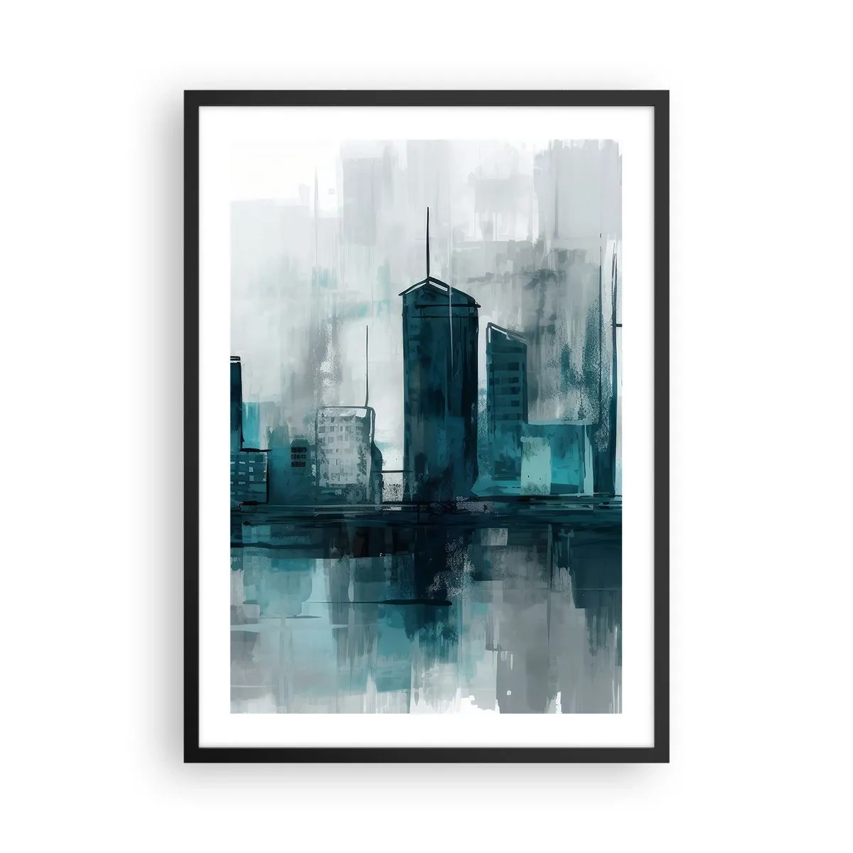 Poster în ramă neagră - O panoramă a orașului modern în nuanțe de albastru - 50x70cm - Un oraș de culoarea ploii - Decorațiune modernă pentru perete pentru living și dormitor ARTTOR
