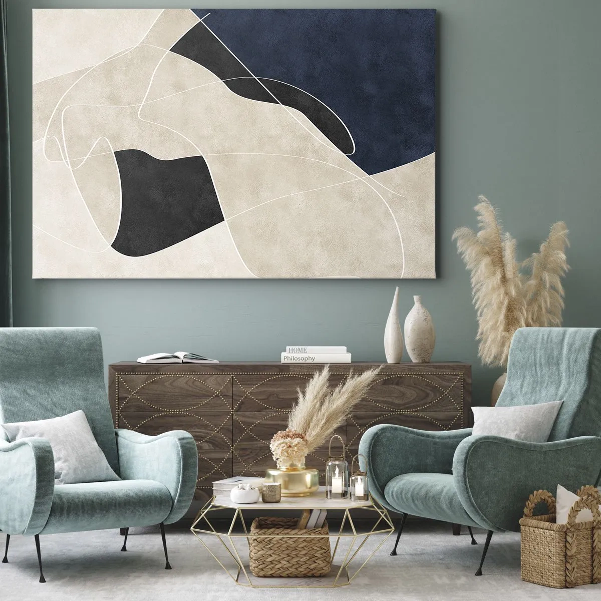 Tablou pe pânză Canvas - Abstracție geometrică în nuanțe de bej și albastru marin - 70x50cm - Compoziție abstractă - contrast de culori - Decorațiune modernă pentru perete pentru living și dormitor ARTTOR