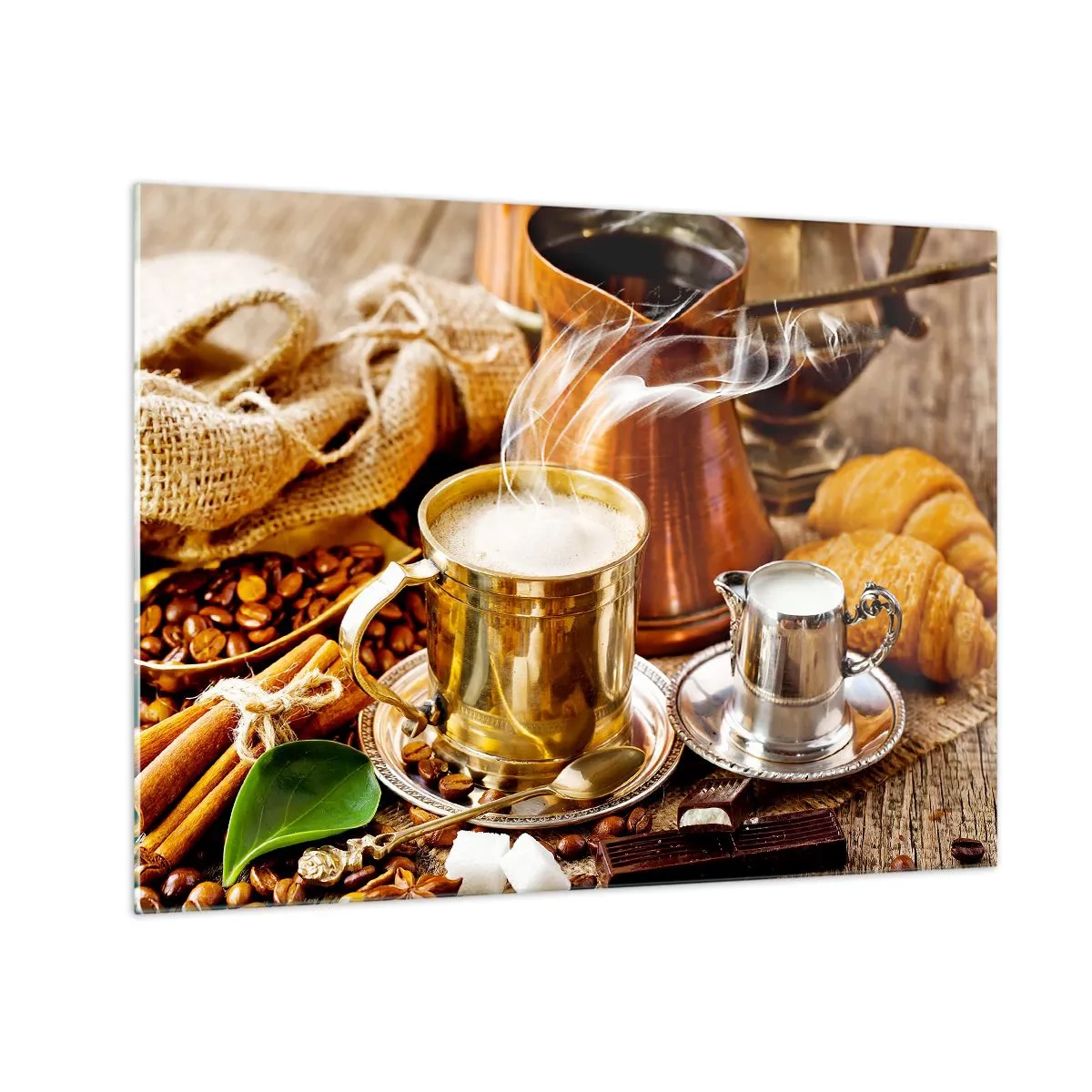 Tablou pe sticlă - O cană aurie de cafea cu lapte înconjurată de cereale și croissante - 70x50cm - O zi bună! - Decorațiune modernă pentru perete pentru living și dormitor ARTTOR