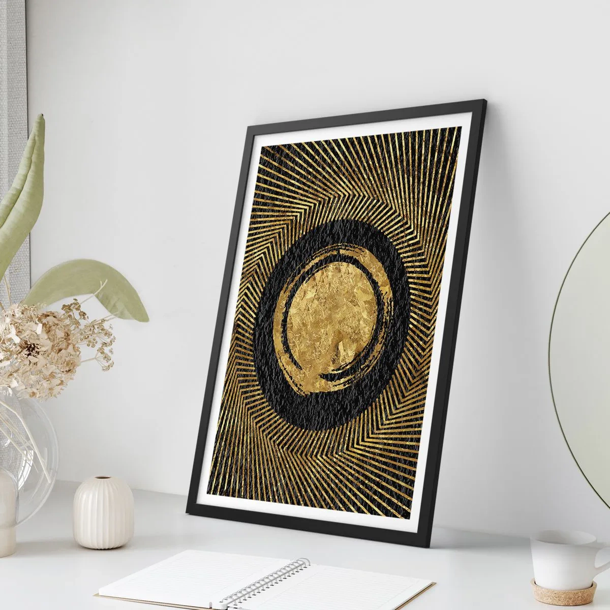 Poster în ramă neagră - Abstracție geometrică aurie pe fundal negru - 50x70cm - Compoziție glamour - Decorațiune modernă pentru perete pentru living și dormitor ARTTOR
