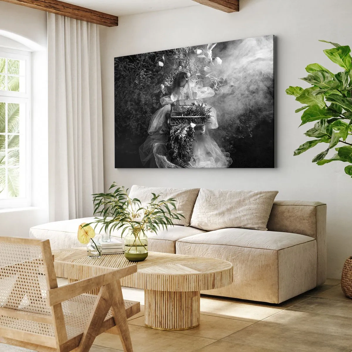 Tablou pe pânză Canvas - O compoziție alb-negru cu o figură în rochie și o cușcă în ceață. - 70x50cm - Mama însăși - Natura - Decorațiune modernă pentru perete pentru living și dormitor ARTTOR