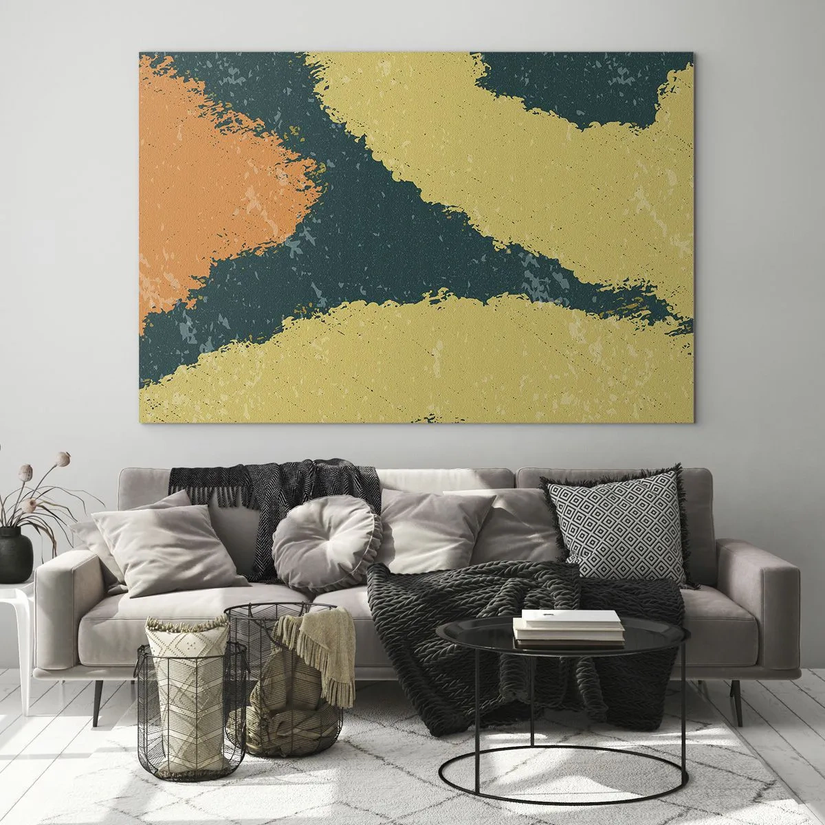 Tablou pe sticlă - O abstracție fluidă în nuanțe de muștar, verde și portocaliu. - 70x50cm - Abstracție - în slow motion - Decorațiune modernă pentru perete pentru living și dormitor ARTTOR