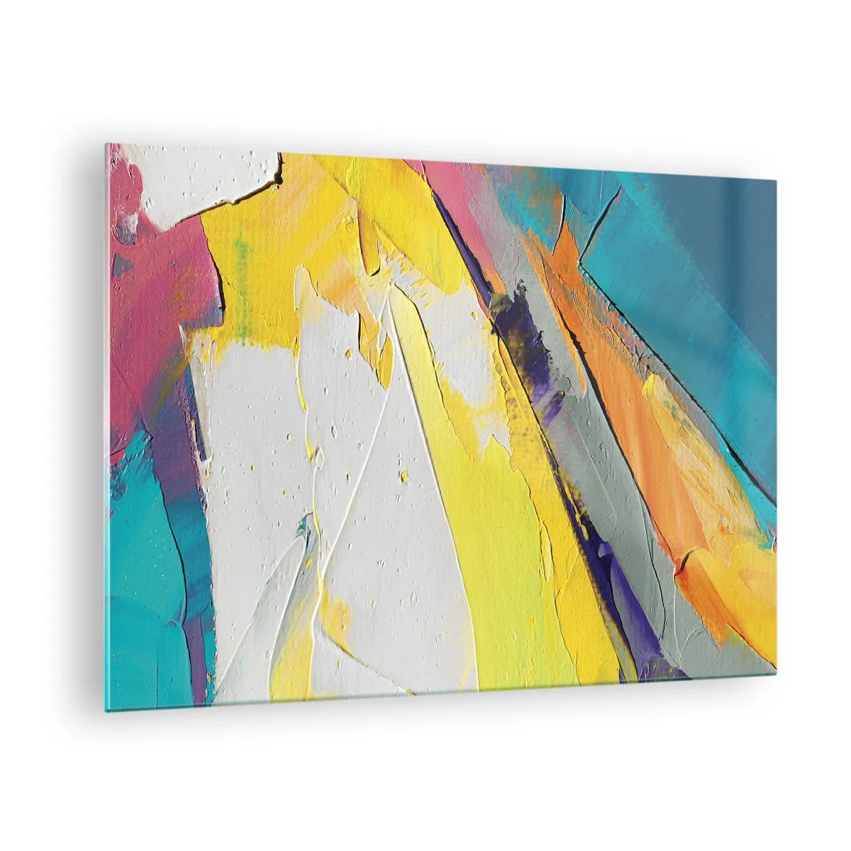 Tablou pe sticlă - Pensule abstracte în galben, albastru și alb - 70x50cm - Anatomia luminii - Decorațiune modernă pentru perete pentru living și dormitor ARTTOR