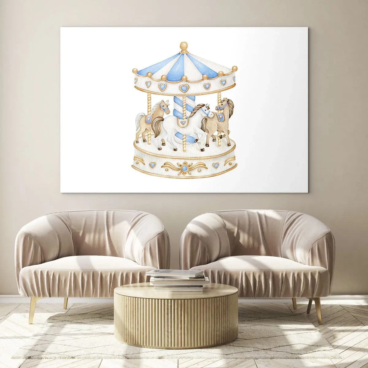 Tablou pe sticlă - Un carusel cu cai în culori pastelate - 70x50cm - Copilărie dulce - Decorațiune modernă pentru perete pentru living și dormitor ARTTOR