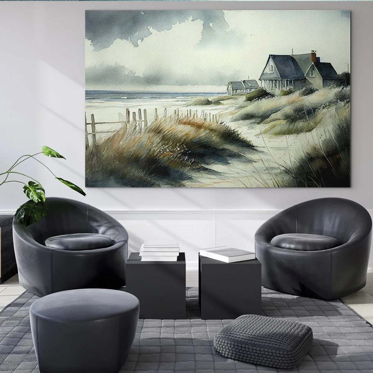 Tablou pe sticlă - Case pe malul mării, pe dune, sub un cer înnorat - 70x50cm - Departe de agitație - Decorațiune modernă pentru perete pentru living și dormitor ARTTOR