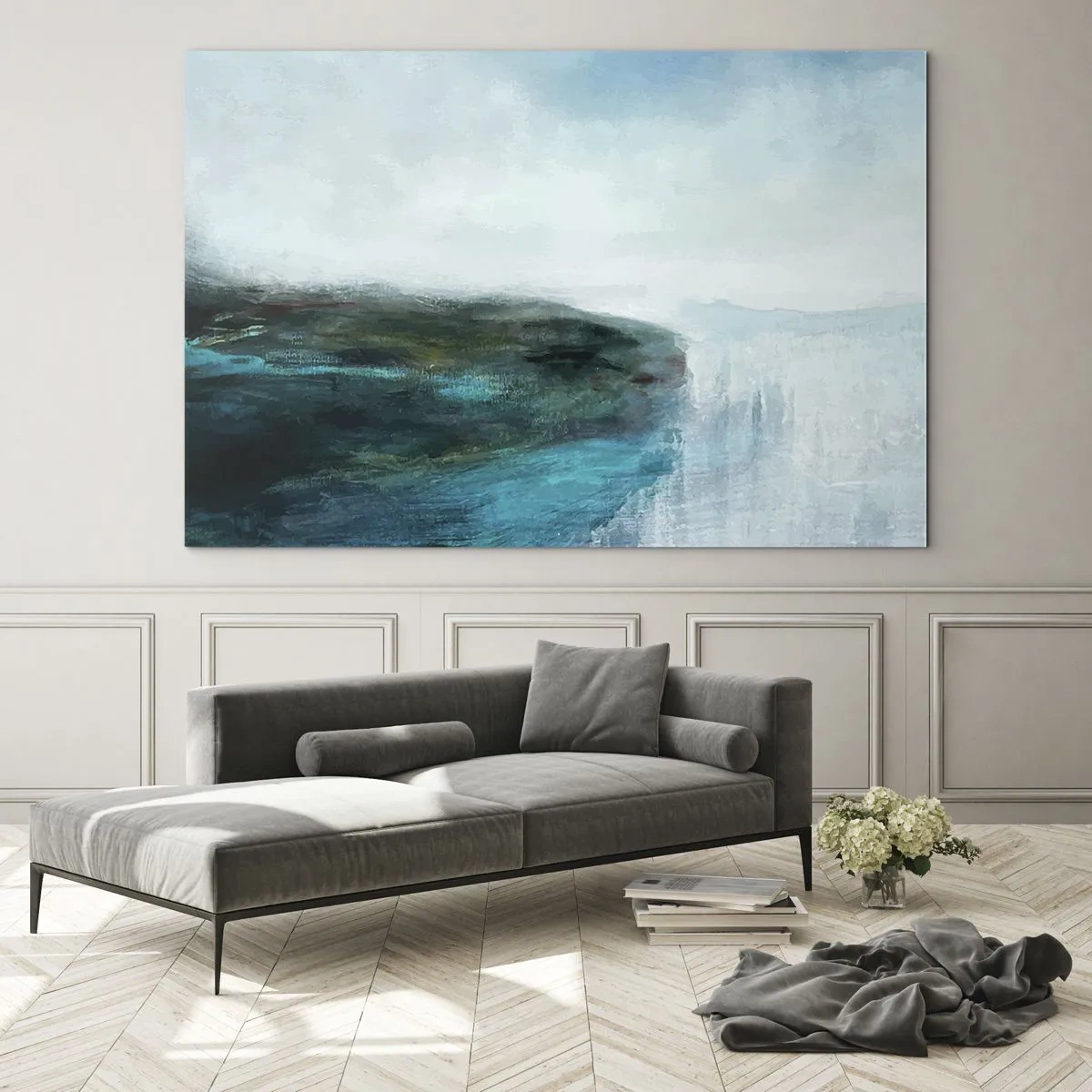 Tablou pe sticlă - Peisaj acvatic abstract cu culori dominante de albastru și alb - 70x50cm - Abstracție maritimă - Decorațiune modernă pentru perete pentru living și dormitor ARTTOR