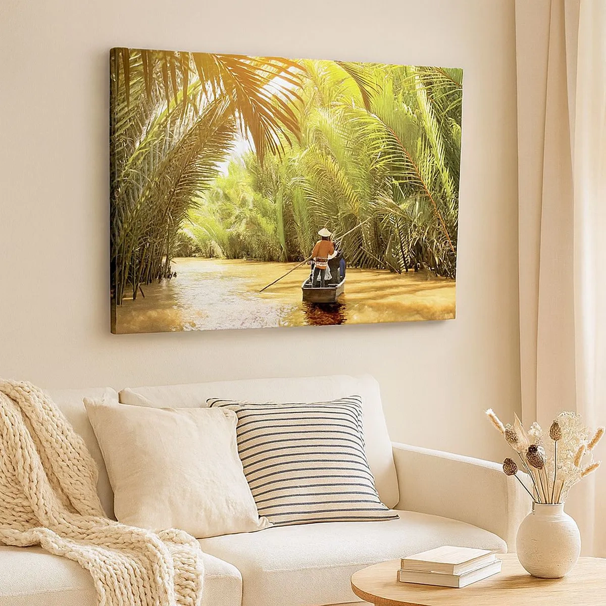 Tablou pe pânză Canvas - O barcă pe un râu înconjurată de vegetație tropicală - 70x50cm - Prin cheile din palmieri - Decorațiune modernă pentru perete pentru living și dormitor ARTTOR