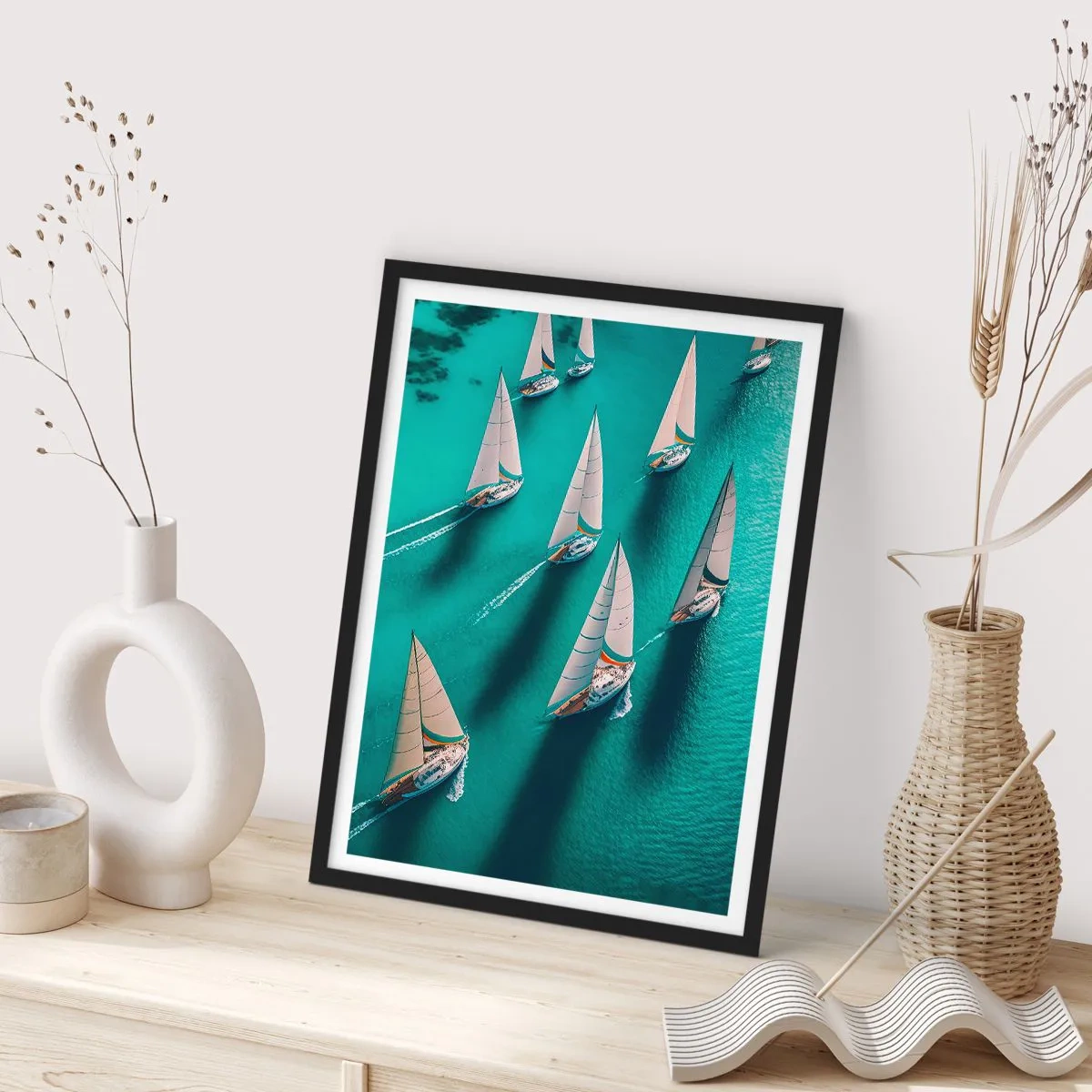 Poster în ramă neagră - Regata de vele pe ape turcoaz - 50x70cm - Cursa cu vântul - Decorațiune modernă pentru perete pentru living și dormitor ARTTOR