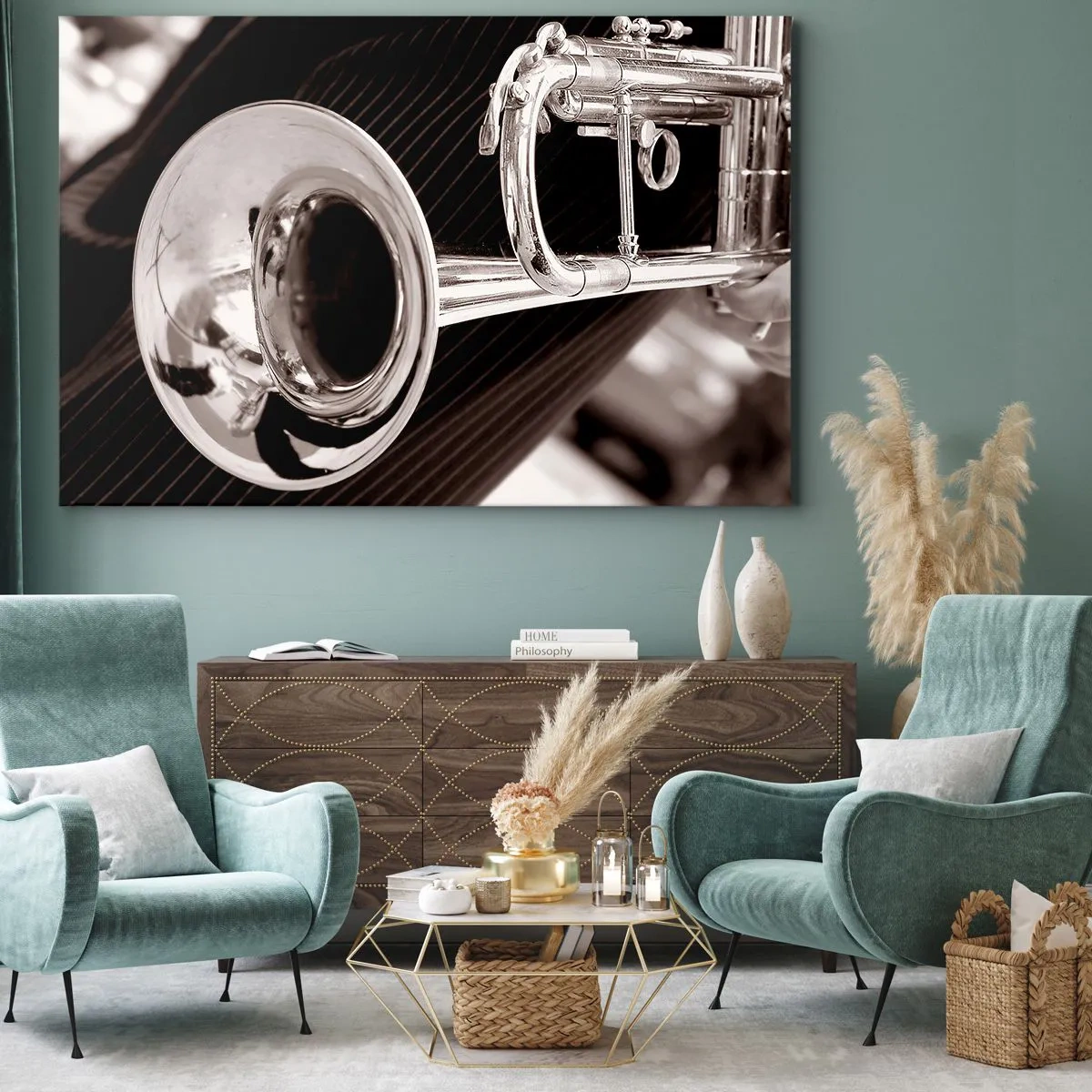 Tablou pe pânză Canvas - Un prim-plan al unei trompete argintii pe un fundal elegant de material textil. - 70x50cm - O călătorie muzicală în anii `30 - Decorațiune modernă pentru perete pentru living și dormitor ARTTOR