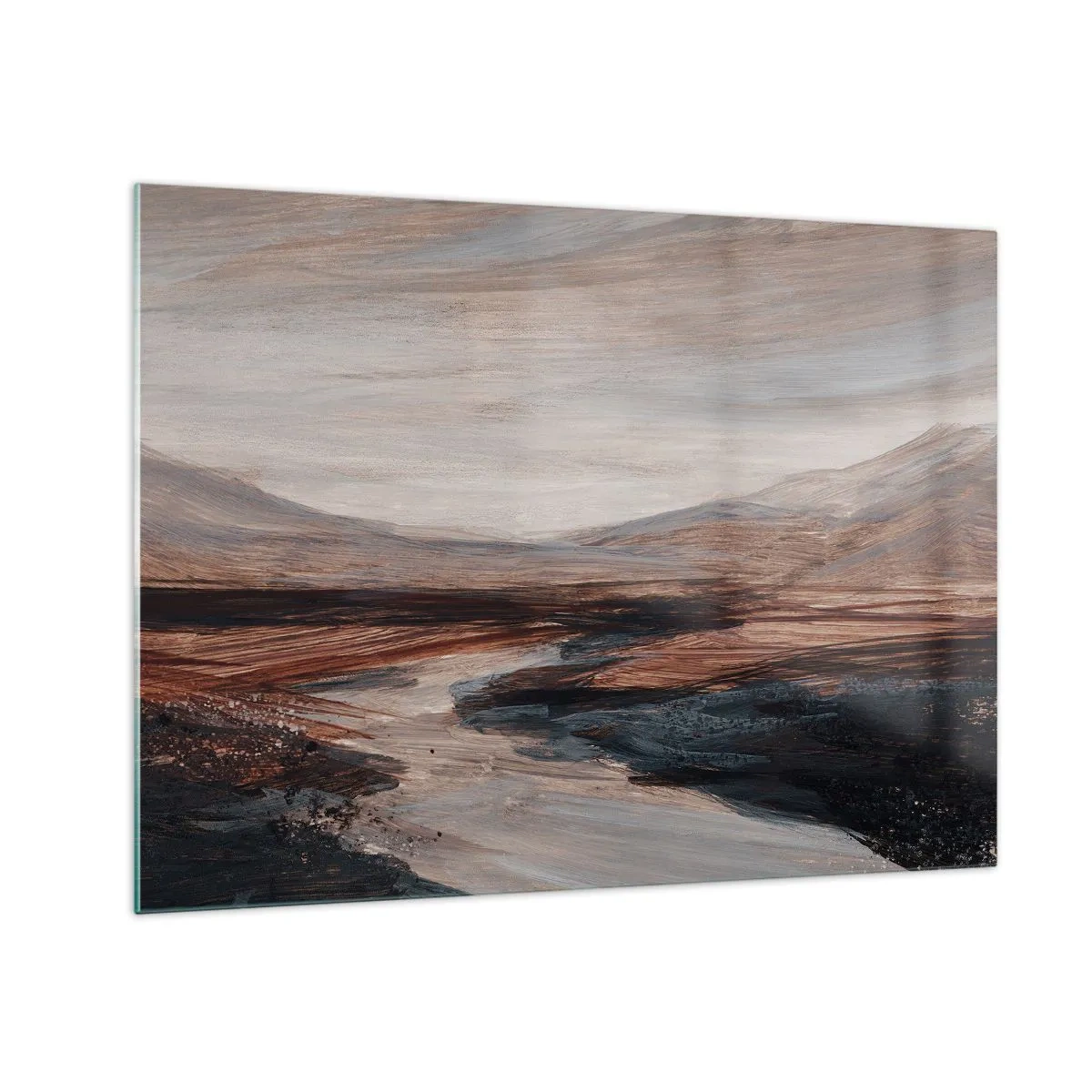 Tablou pe sticlă - O vale pitorească cu un râu în nuanțe de maro și albastru - 70x50cm - Valea liniștită - Decorațiune modernă pentru perete pentru living și dormitor ARTTOR