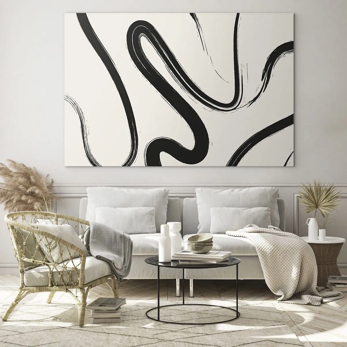 Tablou pe sticlă - Linii negre dinamice pe un fundal deschis într-un stil abstract. - 70x50cm - Capriciu în alb și negru - Decorațiune modernă pentru perete pentru living și dormitor ARTTOR