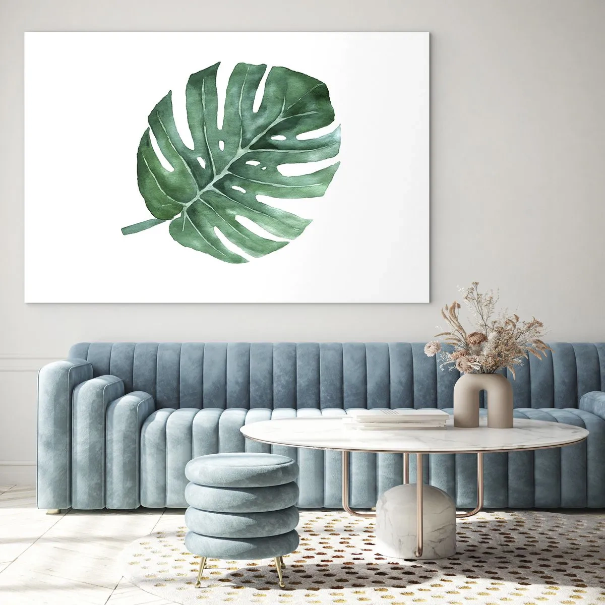 Tablou pe sticlă - Frunză verde de monstera pe fundal alb - 70x50cm - Conceptul verde - Decorațiune modernă pentru perete pentru living și dormitor ARTTOR