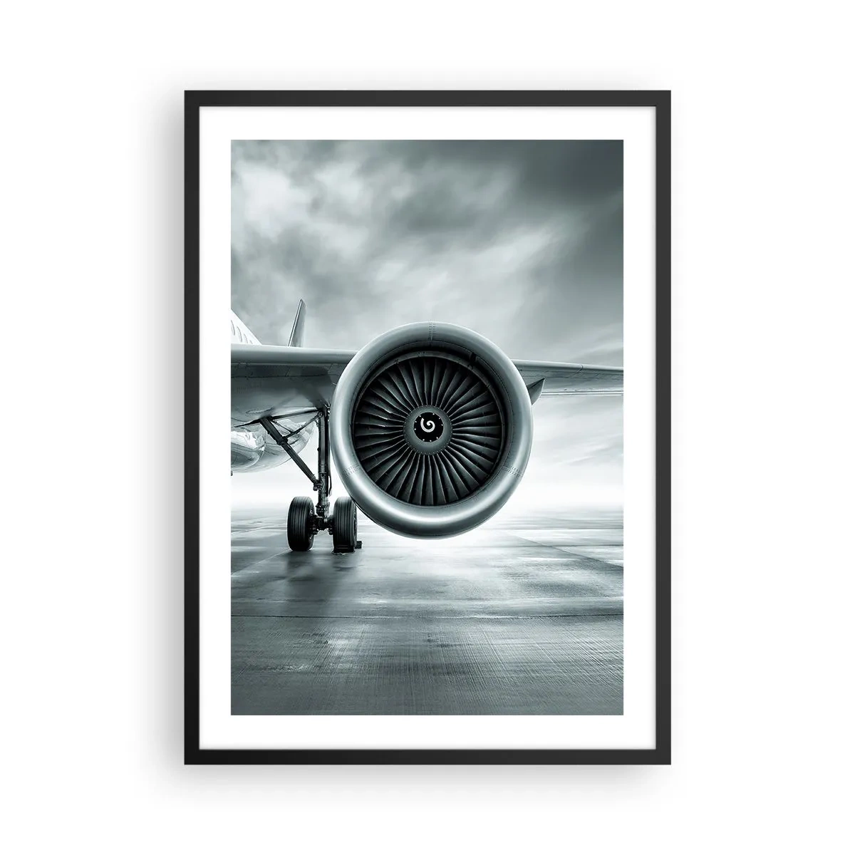 Poster în ramă neagră - Un motor cu reacție de avion în tonuri monocrome - 50x70cm - Ce putere! - Decorațiune modernă pentru perete pentru living și dormitor ARTTOR